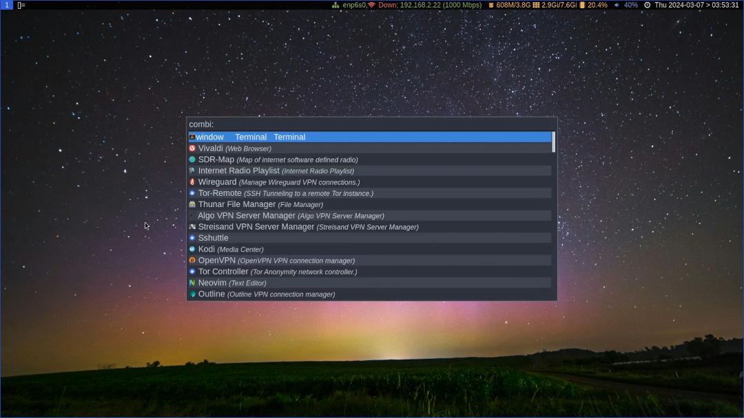 the MOFO Linux version 9 wallpaper and the Rofi application menu.